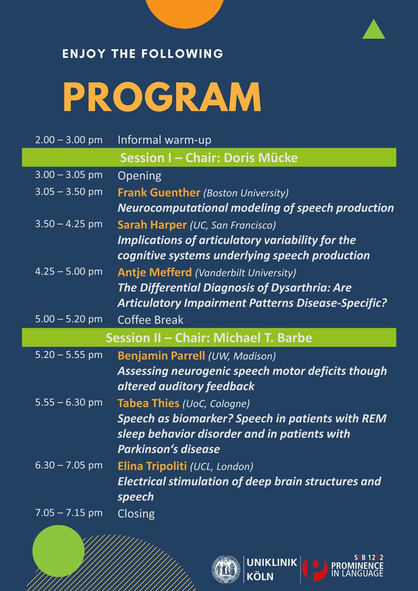 TabeaThies's tweet photo. Save the date! Workshop on “NeuroSpeech” 20 June 2022 in Cologne. The workshop thematizes speech motor control in scientific and clinical context. You can participate on site or online. Please register here: https://t.co/8vjKwxjnh7
No fee. Thanks to @UniCologne @UKKoeln @SFB1252 https://t.co/NsncIdDdcv