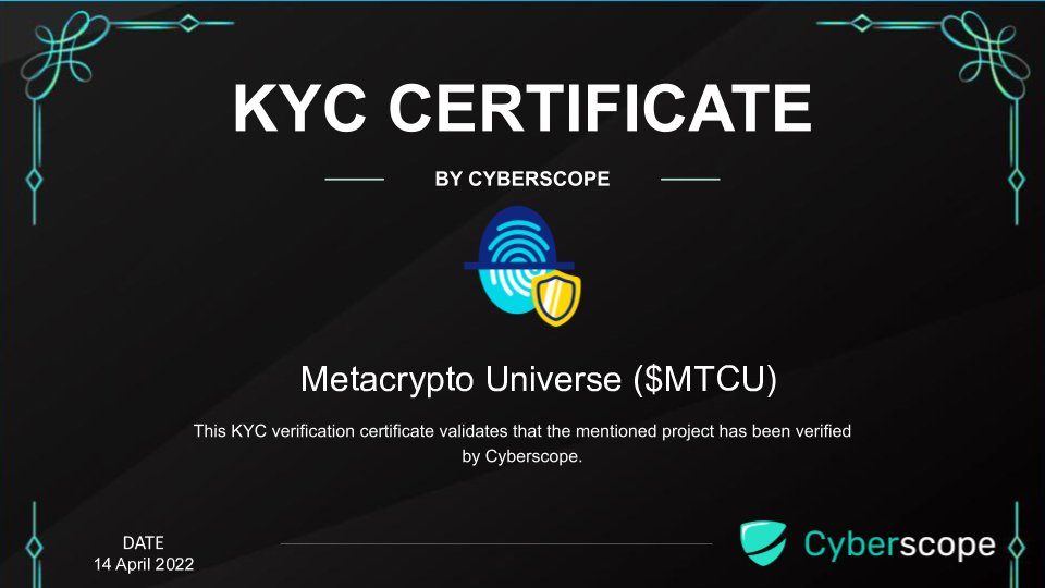 cyberscope_ann's tweet photo. We just finished the KYC for
 @MetacryptoU

Check the certification.
https://t.co/9NgF9cRe7R

Want to get KYC for your project?
https://t.co/BpKMpQ6c5z

#Crypto #Blockchain #Kyc https://t.co/VTB4WKo8zb