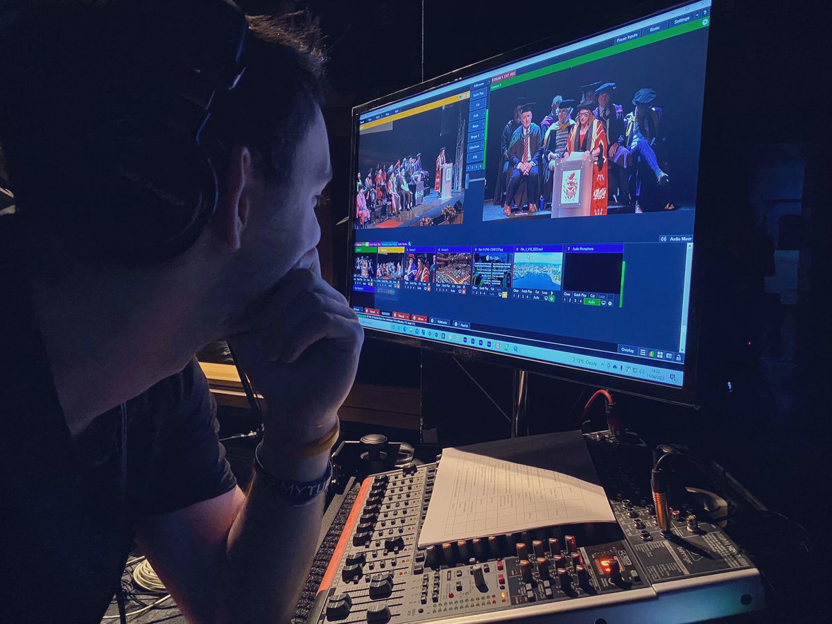 MetBroadcast's tweet photo. Special shout out to our graduation live-stream broadcast crew

A group of 5 (2 staff &amp; 3 students) who covered, filmed &amp; streamed every single minute of graduation ceremonies this week

Diolch to Adrian, our Senior Technician, Jamie our intern &amp; 3 students - Rhys, Dan &amp; Gruff🙏🏽 https://t.co/CrRsXYUjlb