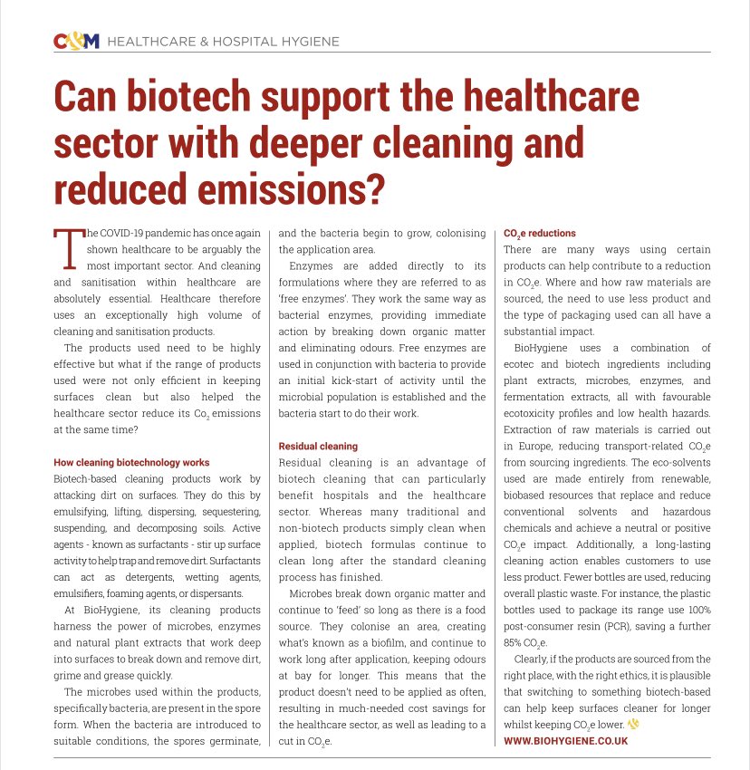 BioHygiene (@biohygieneuk) on Twitter photo We’re featured in this months <a href="/CleaningMag/">Cleaning&Maintenance</a> 💚
We look at how biotechnology can help support the healthcare sector with deeper cleaning and reduced emissions. 🌱🌱
Read the full piece below, or here - issues.cleaningmag.com/april-2022/013… (page 18).
#Biotechnology #thursdaymorning We’re featured in this months <a href="/CleaningMag/">Cleaning&Maintenance</a> 💚
We look at how biotechnology can help support the healthcare sector with deeper cleaning and reduced emissions. 🌱🌱
Read the full piece below, or here - issues.cleaningmag.com/april-2022/013… (page 18).
#Biotechnology #thursdaymorning
