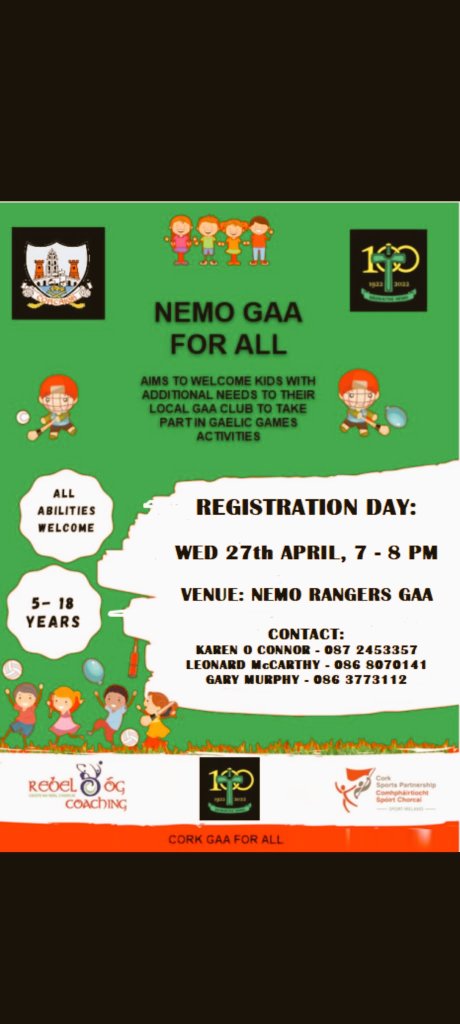 On Wednesday April 27 we will be starting our "Nemo for All" initiative where children with additional needs can come along and play Gaelic games. 
It's open to children of all abilities from 5-18 years. Please retweet to spread the word!
