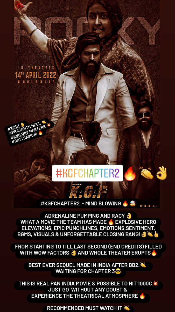 MaaranTweets's tweet photo. #KGFChapter2 Review

#KGF2onApr14 #KGF3 #KGF2review #KGFChapter3 #Yash https://t.co/aEZis0lyTh