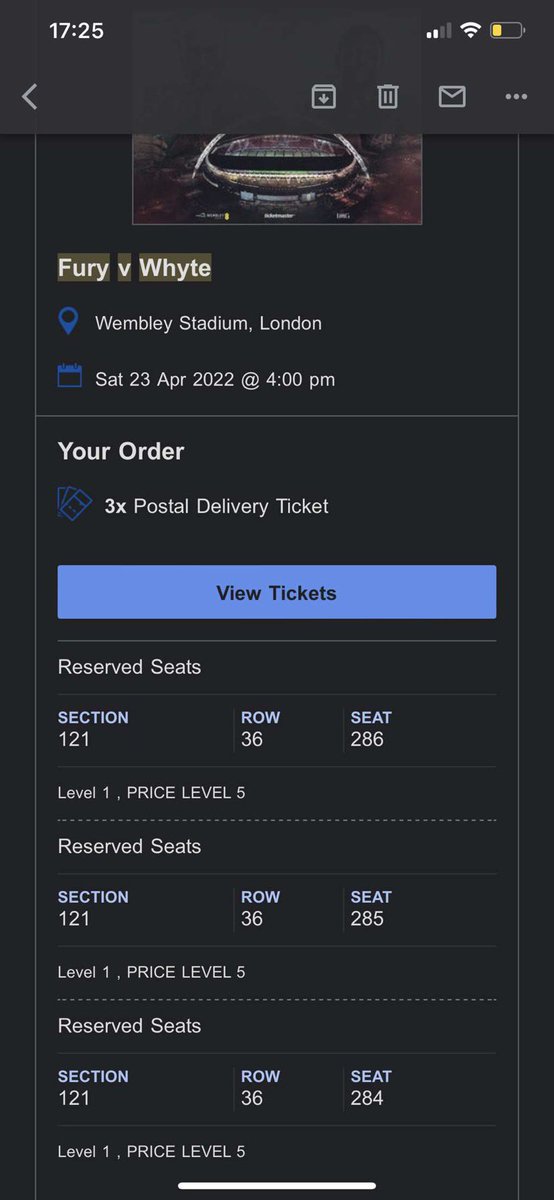 matthewpratt_10's tweet photo. 3x Tyson Fury vs Dillian Whyte tickets for sale. Section 121, Row 36, Seats 284-286. Selling cheaper than retail. DM me if interested! #FuryWhyte #TysonFury #DillianWhyte #Furytickets https://t.co/BKHhdmDfOF