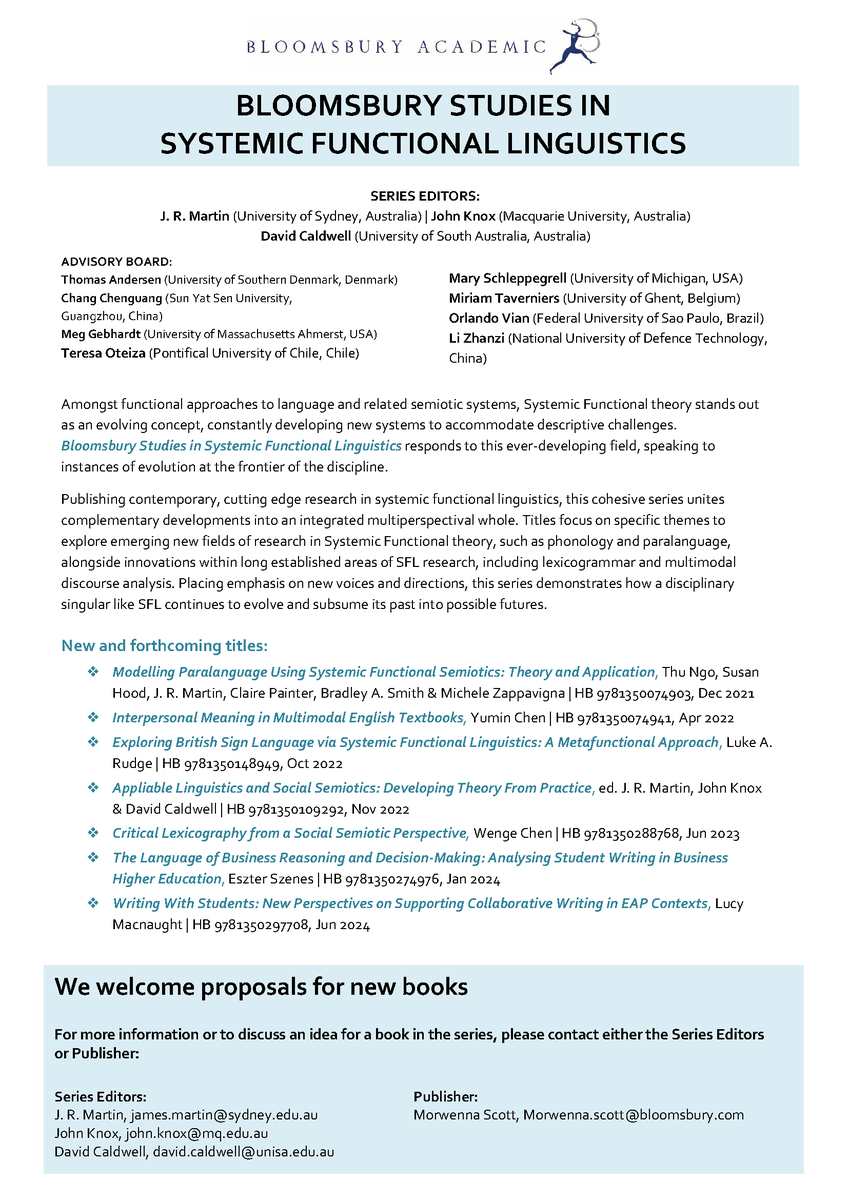 BloomsburyLing's tweet image. Check out the full list of titles you can expect from this exciting new series, edited by J. R. Martin, John Knox and David Caldwell 👇 #systemicfunctionallinguistics #SFL
