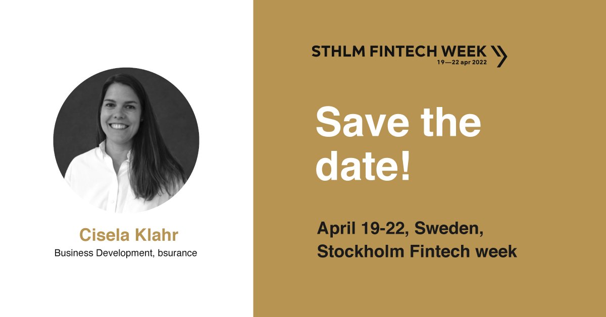 bsurance's tweet image. From 19-22th April, bsurance will participate in @SthlmFintechW. Don´t miss the opportunity to have a chat with Cisela Klahr, our Business Development Manager about #embeddedinsurance,#isaas, and more topics!

 👉 Click here, to schedule a meeting:bit.ly/37QxZYs

#SFW22