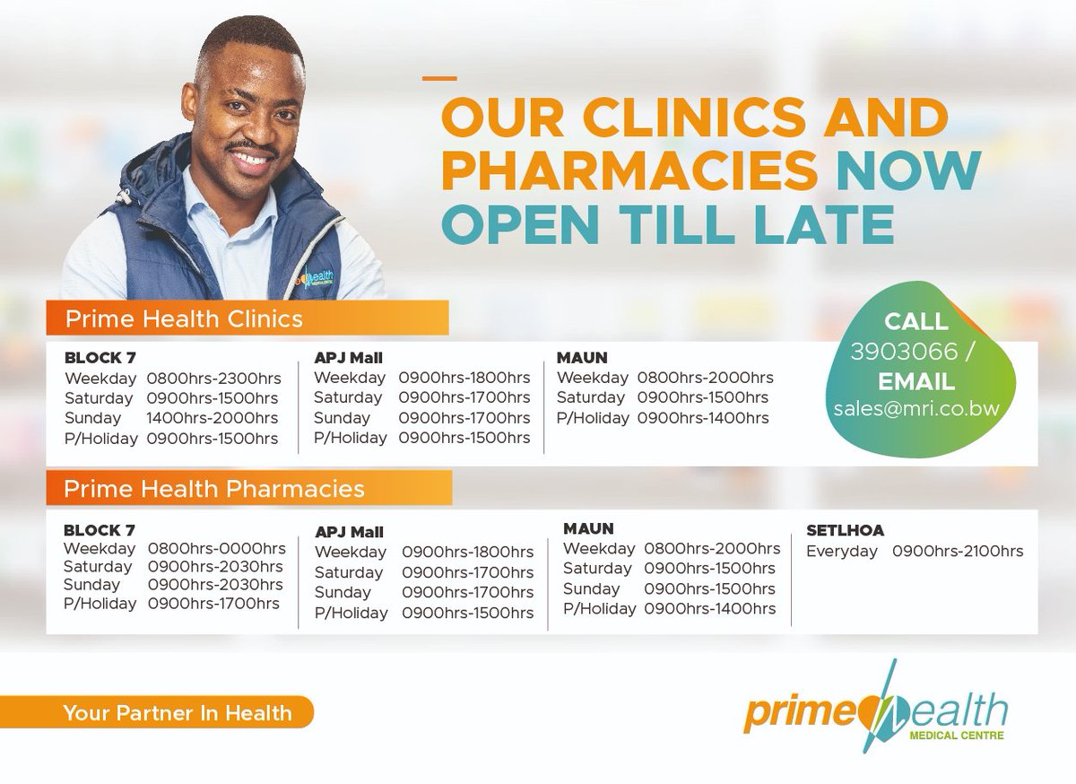 BotswanaMri's tweet photo. Prime Health Clinics & Pharmacies, WE REMAIN OPEN to serve you everyday , including holidays
#MRI #mrigoldstandard #COVID19 #pushbw #yourpartnerinhealth
#Maun #MascomDerby2022 #Gaborone https://t.co/6Do5liIyal