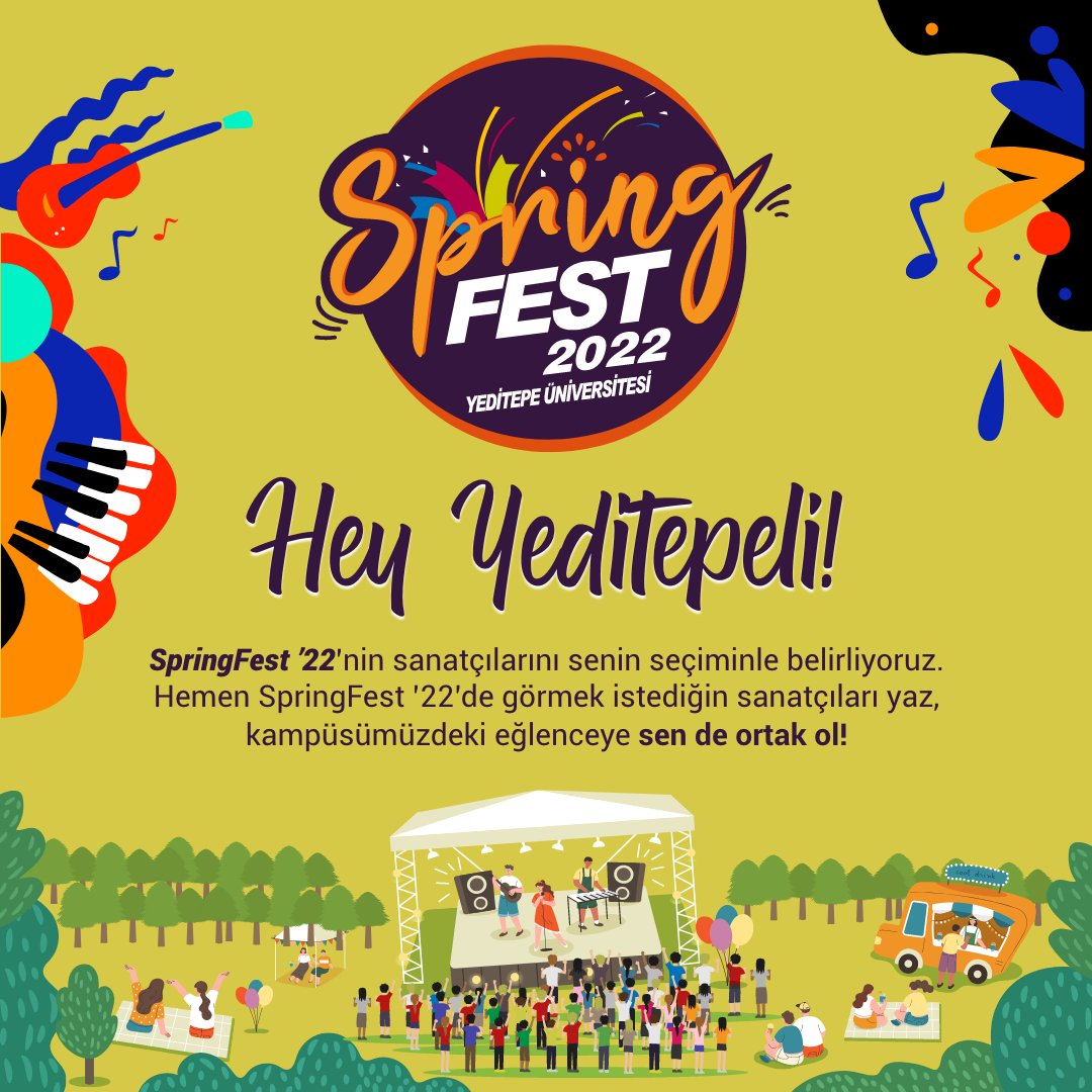 YeditepeUni's tweet photo. Sevgili Öğrenciler,
SpringFEST'de görmek istediğiniz sanatçıları yazıp, eğlenceye ortak olabilirsiniz!

Ankete katılmak için tıklayınız.
https://t.co/dblVopmJ2C

#yeditepeüniversitesi #springfest22 https://t.co/tDIBch48nh