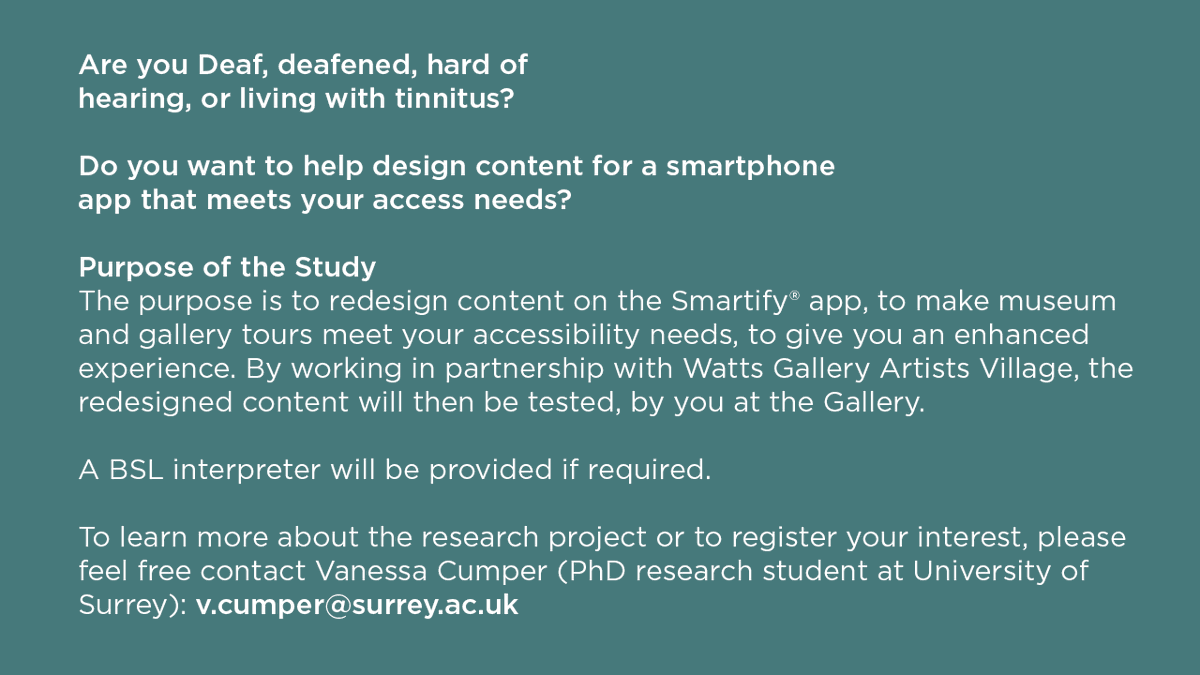 How can Augmented Reality on mobile devices enhance recreational activities for those who are D/deaf in museums and galleries?

Vanessa Cumper (PhD student) at <a href="/UniOfSurrey/">University of Surrey</a> is looking for participants for a research project.
