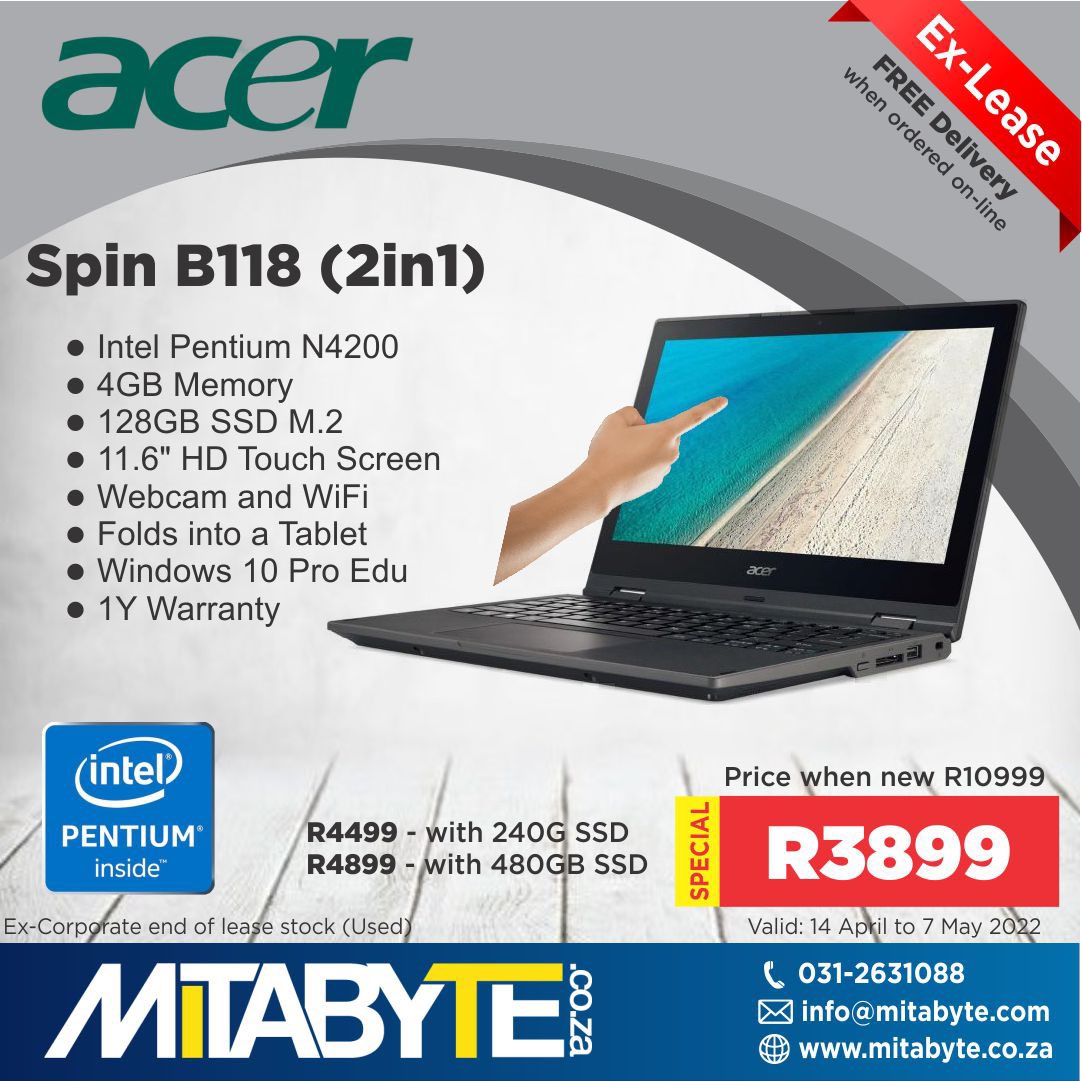 Amazing Laptop deal!😍
Acer Spin B118
11.6” Touch Screen
Pentium N4200
4GB RAM
128GB SSD
Windows 10 Pro
1 Year Warranty
•
Free Delivery when ordered online here: mitabyte.co.za/acer-spin-b118…
•
Price valid from 14 April to 7 May 2022 or while stocks last!
