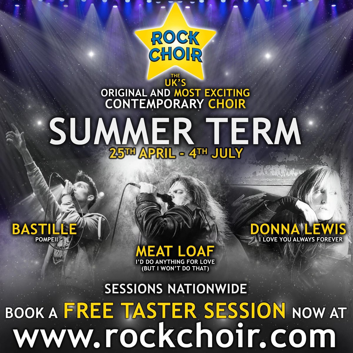Our Summer term starts soon &amp; we are SO EXCITED to teach you 3 new songs. 🎶

The new songs are:

🌟 Pompeii by <a href="/bastille/">BASTILLE</a> 
🌟 I’d Do Anything for Love (But I Won’t Do That) by <a href="/RealMeatLoaf/">Meat Loaf</a> 
🌟 I Love You Always Forever by <a href="/donna__lewis/">Donna Lewis</a> 

rockchoir.com/join to book a place🤩