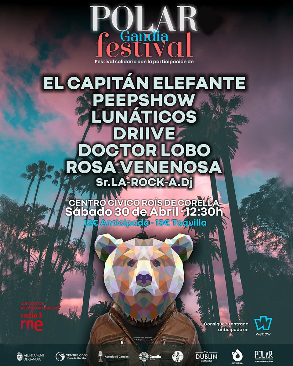 🐾🎸 El Polar Festival llega a Gandia.

El próximo sábado 30 de abril disfruta de la mejor música indie, rock y electrónica.

🎟️ Entradas ya a la venta en wegow.com/es-es/festival… y en Pub Dublin, Asociación Gaudim y <a href="/hotelborgia/">Hotel Borgia Gandia</a>.

Polar Gandia Festival. ¡Te esperamos! 🤗