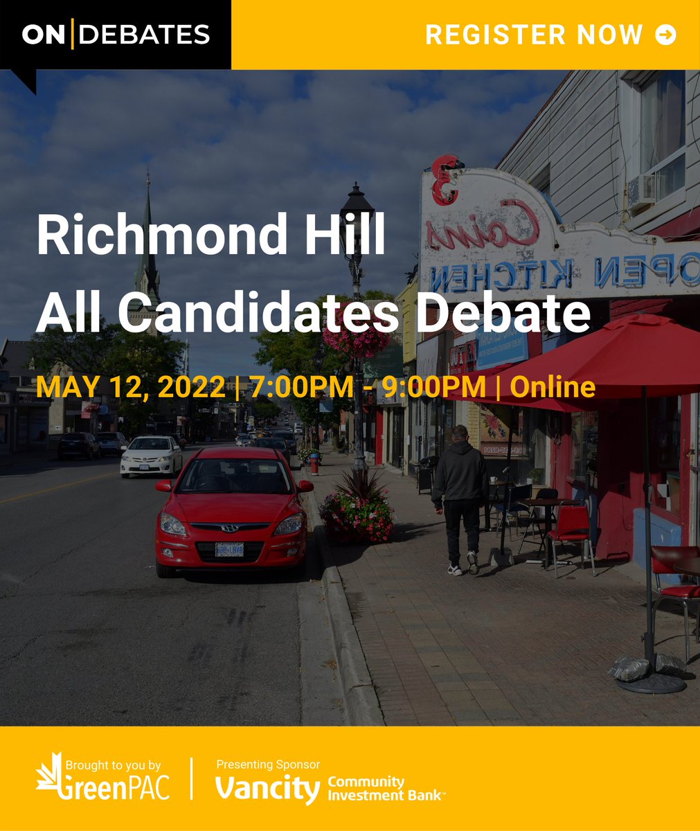 Join the Richmond Hill all-candidates debate online on May 12th, from 7:00pm-9:00pm to hear your candidates speak on the #ONElxn issues most relevant to your community!

To register and for more information head to bit.ly/RHdebate

#ONDebates #ONPoli