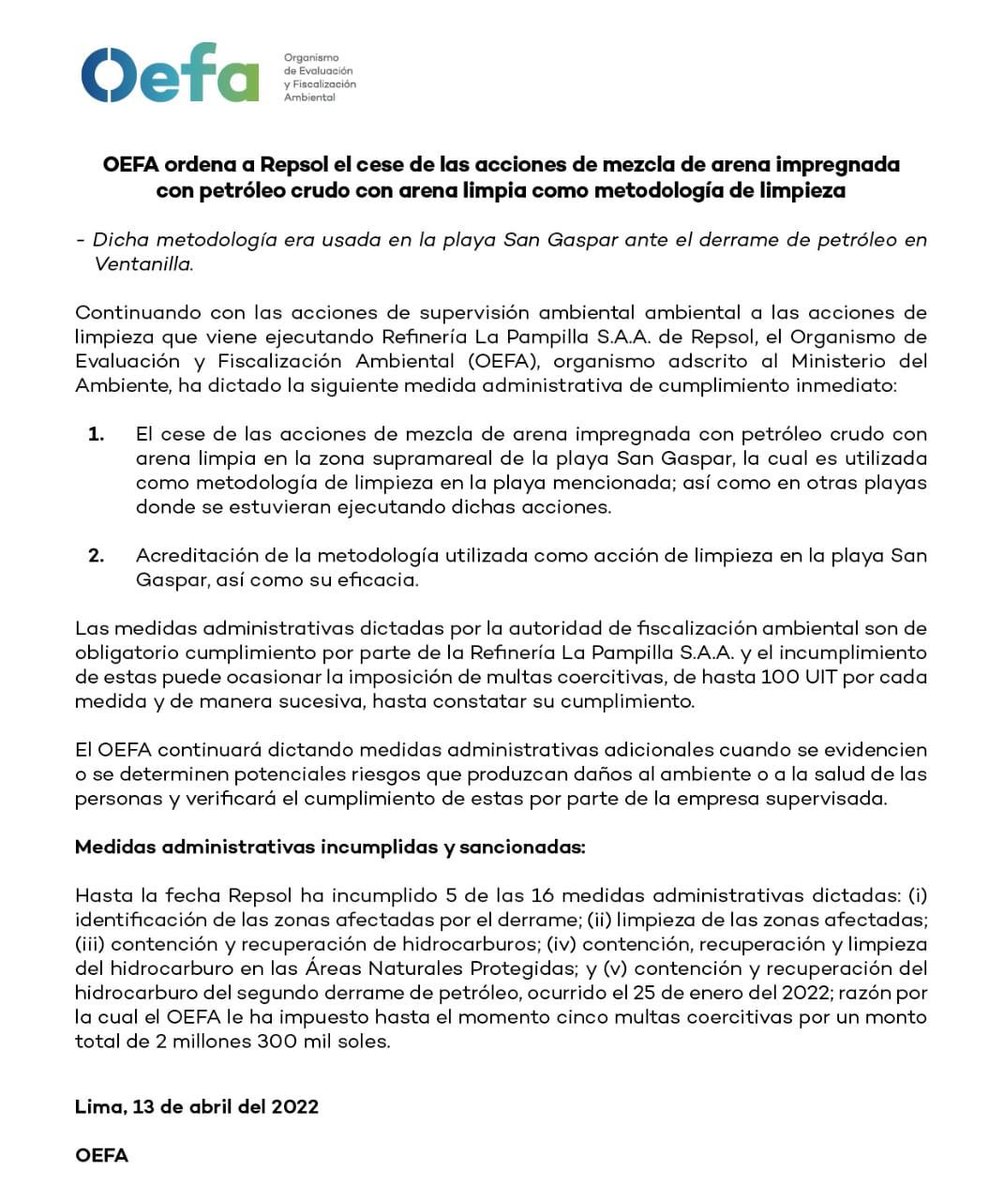 Oceana_Peru's tweet photo. #URGENTE @OEFAperu adivierte que @Repsol está mezclando arena limpia con arena contaminada por el derrame de petróleo, como “metodología de limpieza”, y le ordena que cese esa medida. #RepsolHazteCargo #GobiernoActúaYa https://t.co/9GeGH09fe6