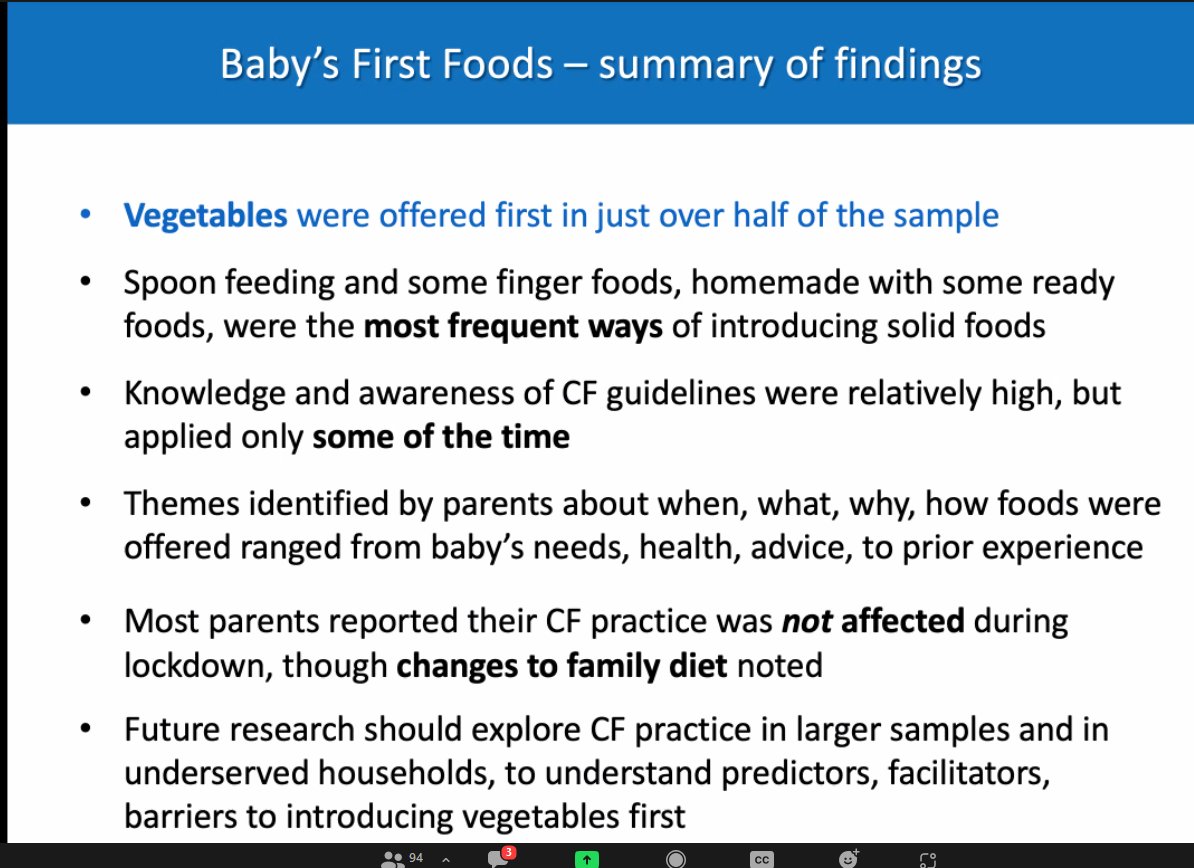 Flosheen's tweet photo. #BFDG2022 Great session on impacts of caregivers' feeding practices, a brilliant array of qual. &amp; quant. work with powerful take-homes. Positive levels of vegetables offered first in weaning, but reaching out to individuals of lower SES remains a substantial challenge. https://t.co/FZsIVuVLrw