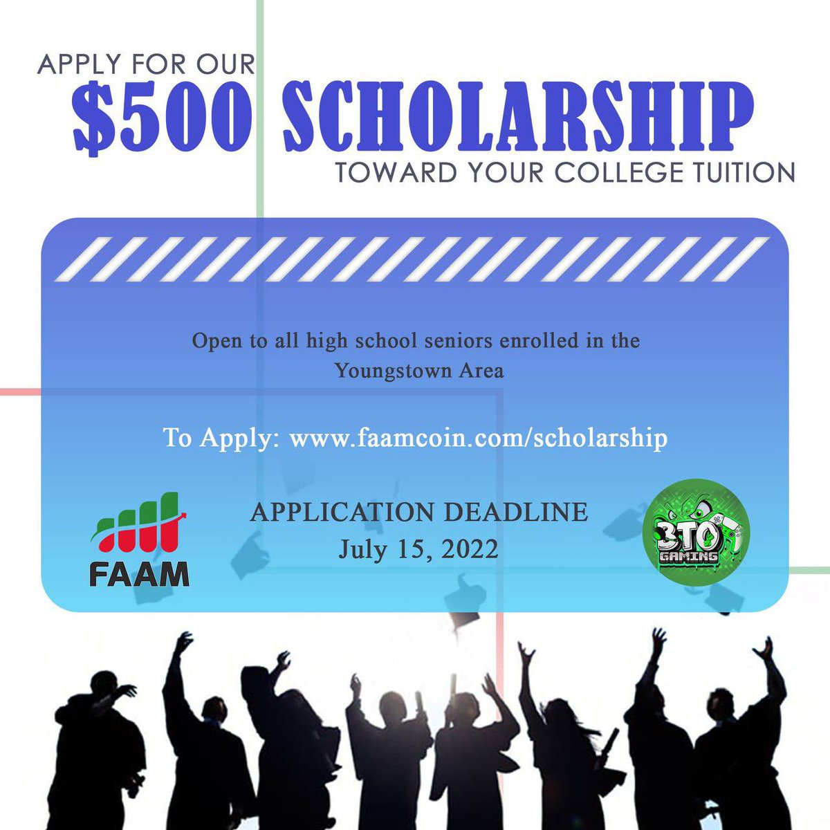 FAAMCoin's tweet image. Deadline extended and schools opened up!

FAAM Coin has partnered with BTO Gaming to provide scholarships to high school seniors graduating from Youngstown area schools. Help us spread the word by sharing this post, and tagging any parents, seniors or faculty.