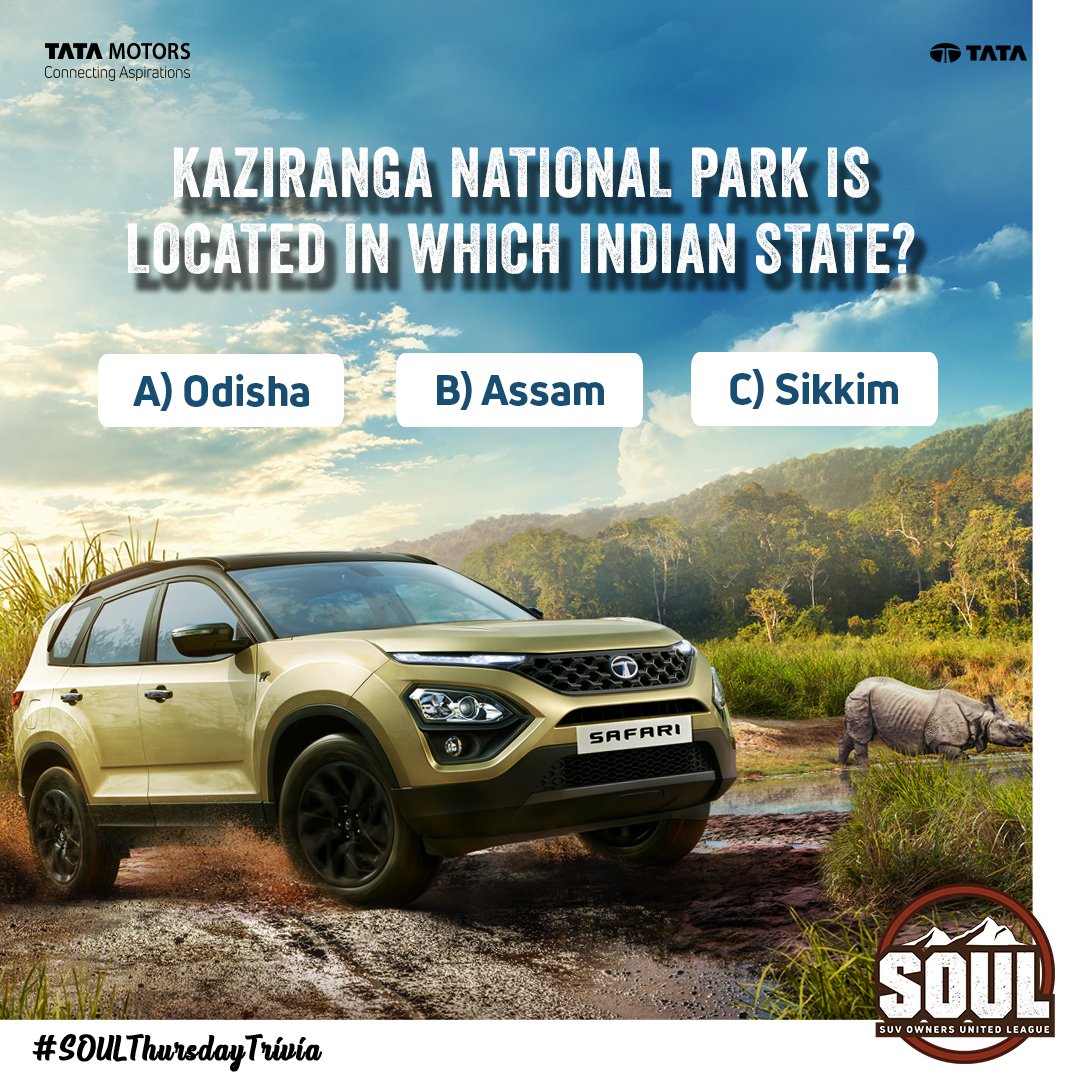 TataMotors_Cars's tweet image. Get. Set. Go! For #SOULThursdayTrivia 🧩
We&apos;re back with another exciting challenge for you. Crack the question mentioned and comment below with your answer 🤔
Hint – This state is the home to World’s Highest one-horned Rhino population!

#DriveWithSOUL #ConnectWithSOUL