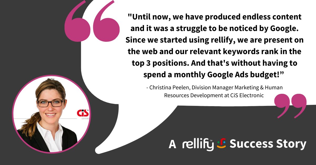 rellify_inc's tweet photo. A rellify Customer Success Quote from Christina Peelen! 🗣️👏 It's always amazing to hear our customers are having great success with rellify. 

#CustomerSuccess #ContentMarketing #BeAthoughtLeader #rellify #customerquote #betterrankingcontent https://t.co/n6gZGB3zXd