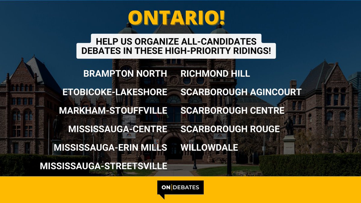 Debates are a crucial way to engage in our democracy, so as the #ONElxn is approaching, we are launching #ONDebates in key ridings across Ontario!

Learn how to show up, tune in, and organize an all-candidates debate today at ondebates.ca