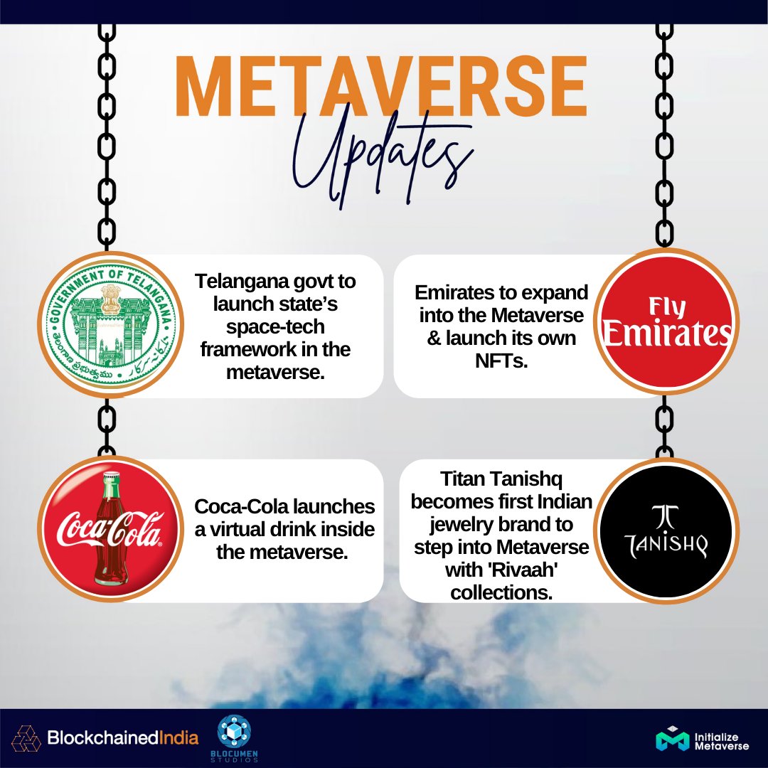 blockchainedind's tweet photo. Here are some top Metaverse news from the week! #MetaverseNews #MetaverseUpdates
@emirates @CocaCola @TanishqJewelry #Metaverse #NFTs https://t.co/HvkSnq8ImE