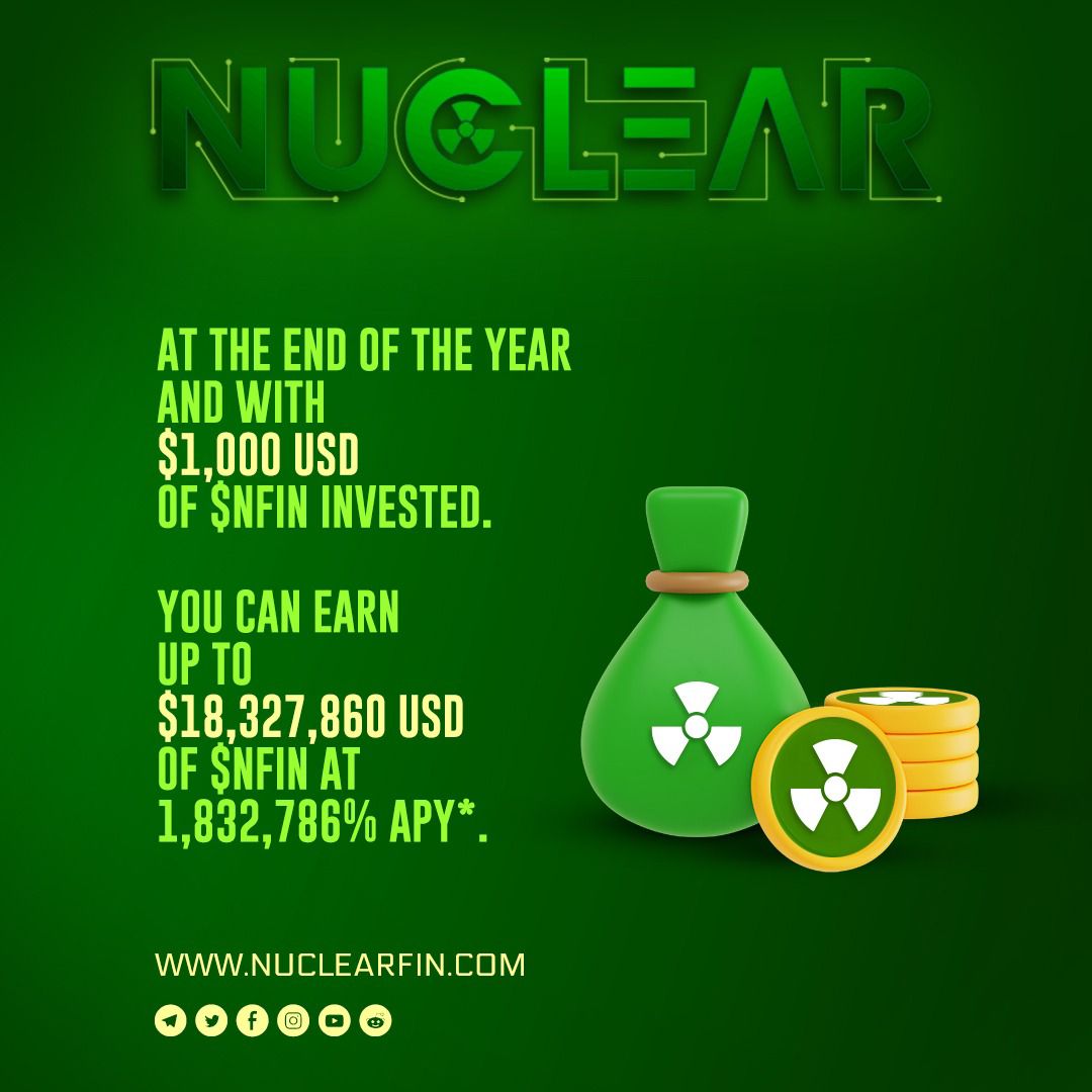 NuclearFin's tweet image. ✅Highest Fixed APY in Crypto – 1,832,786%
✅ Interest Paid Every 10 Minutes: 144 Times Daily!
✅ 50% Supply Initial Burn 🔥

🔴 Audit &amp;amp; KYC

🌐 PinkSale Fair Launch - pinksale.finance/#/launchpad/0x…
( April 16th 14.30 UTC )