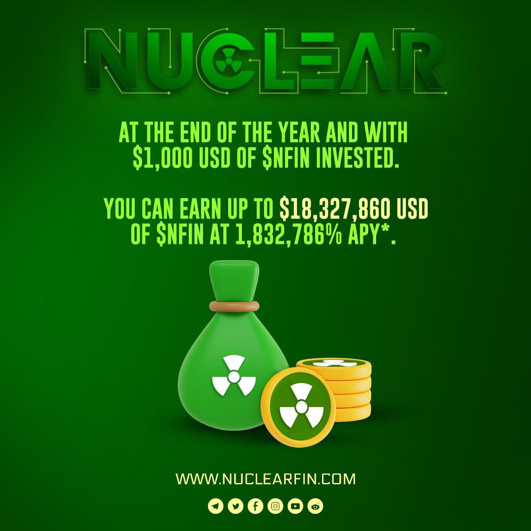 NuclearFin's tweet image. ✅Highest Fixed APY in Crypto – 1,832,786%
✅ Interest Paid Every 10 Minutes: 144 Times Daily!
✅ 50% Supply Initial Burn 🔥

🔴 Audit &amp;amp; KYC

🌐 PinkSale Fair Launch - pinksale.finance/#/launchpad/0x…
( April 16th 14.30 UTC )