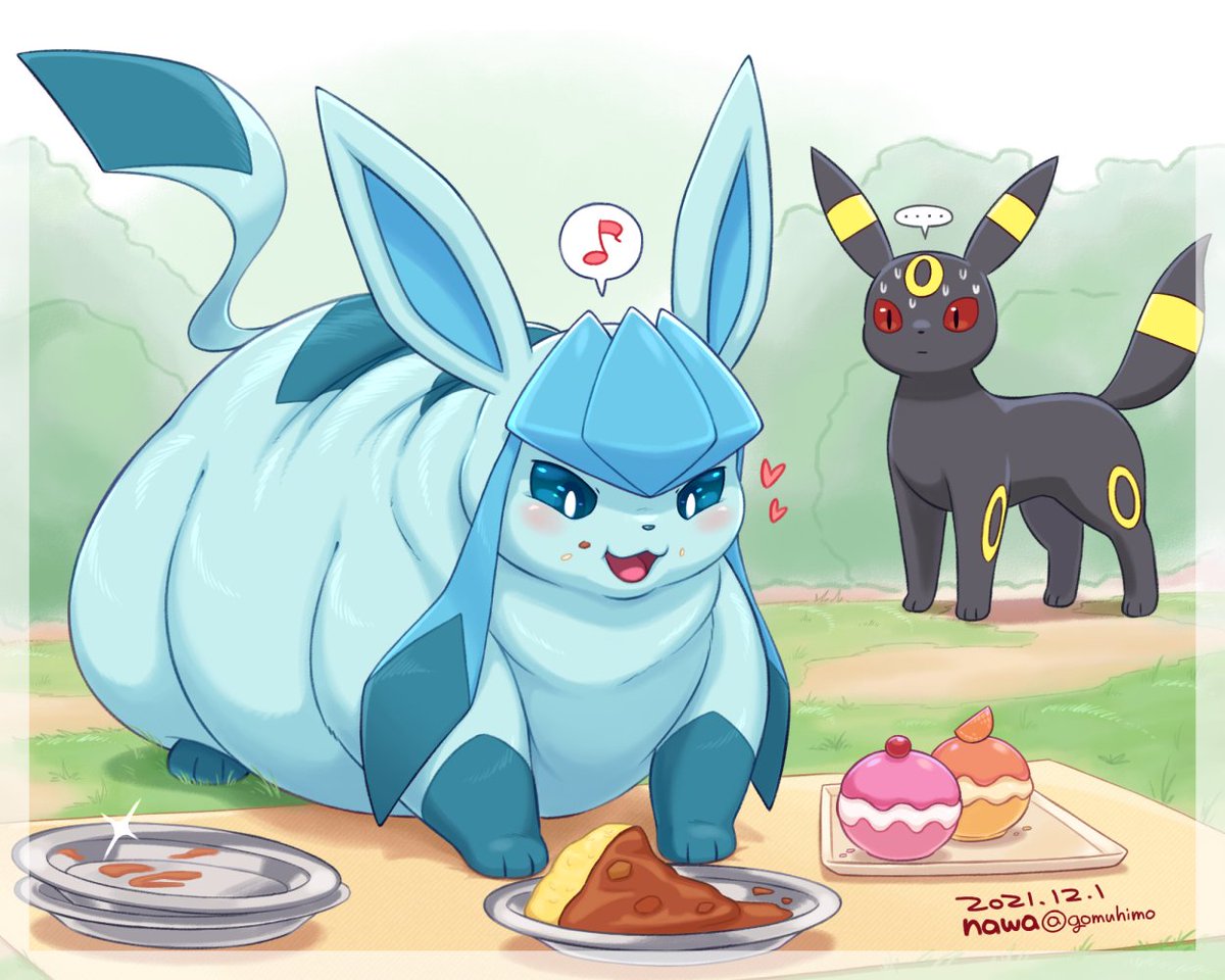 glaceon ,umbreon pokemon (creature) food no humans food on face plate heart musical note  illustration images