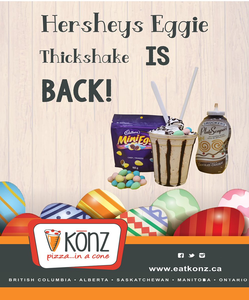 eatkonz's tweet photo. The Hershey's Cadbury Mini Egg thick shake is back! Hurry,  it's only till the end of Easter! 
.
.
#cadbury #easter #minieggs #milkshake #icecream #konzpizza Kelowna https://t.co/I0IAhSIx5I