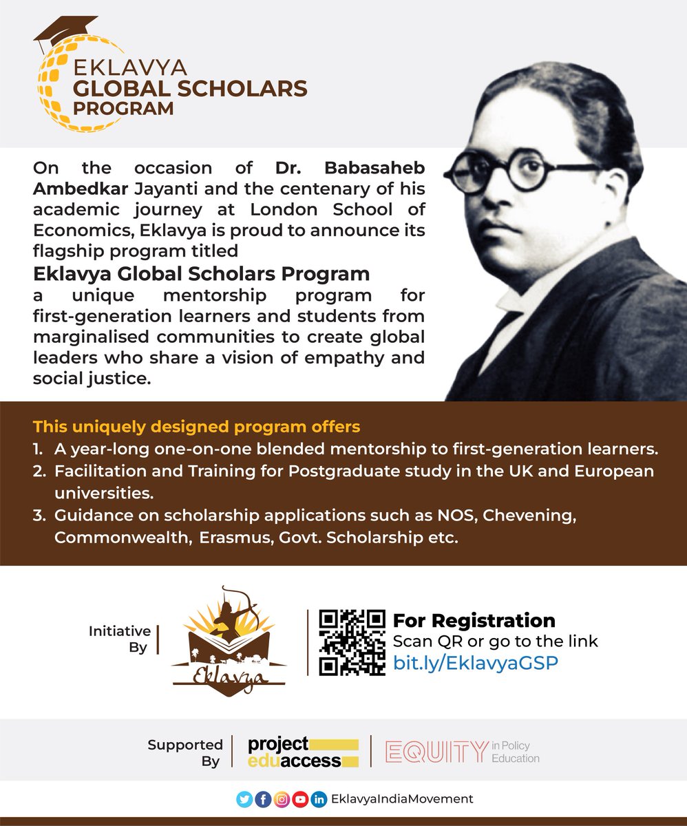 Putting Ambedkar's Vision into Action!
Launching #EklavyaGlobalScholar Program to help rural &amp; marginalised students pursue foreign education with scholarships through application support and one to one mentoring. Register: bit.ly/EklavyaGSP

#StudyAbroad #AmbedkarJayanti