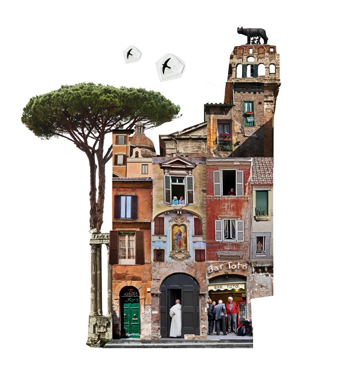 A collage artwork by Francesca Sacco inspired by the city of Rome.