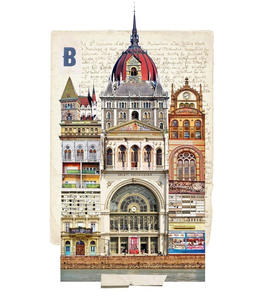A collage artwork by Francesca Sacco inspired by the city of Budapest.