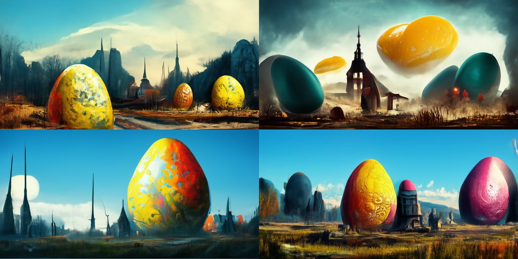 "Easter eggs, matte painting"

matte paintings are usually epic film backdrops so

(generated using <a href="/midjourney/">Midjourney</a>'s CLIP-based text-to-image algorithm) 
aiweirdness.com/ai-generated-e…