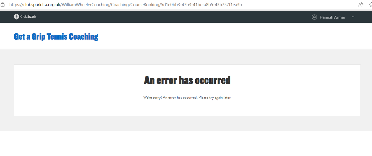 ArmerH's tweet photo. @the_LTA why can I no longer book lessons through Clubsprks using my LTA login? I get "an error has occurred" page. I have tried reporting though the LTA helpcentre and the helpcente refuses to submit my enquiry. https://t.co/PwHuqwgYKI