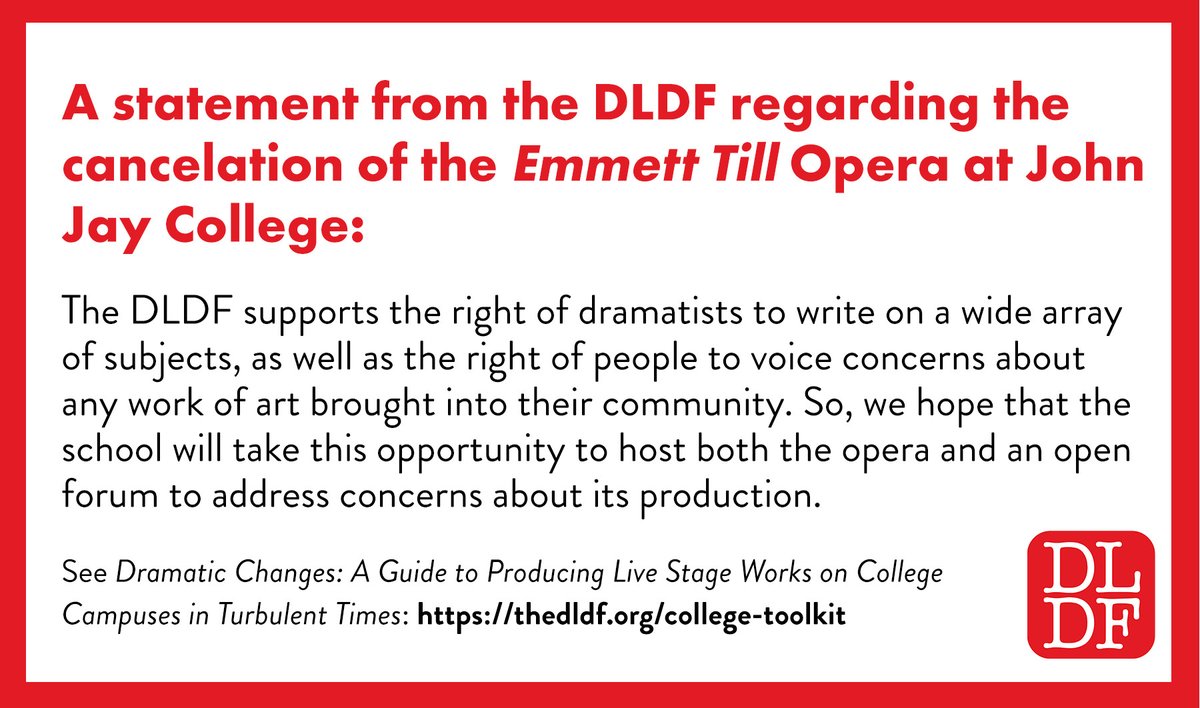 A statement from the DLDF regarding the cancelation of the EMMETT TILL opera at John Jay college: