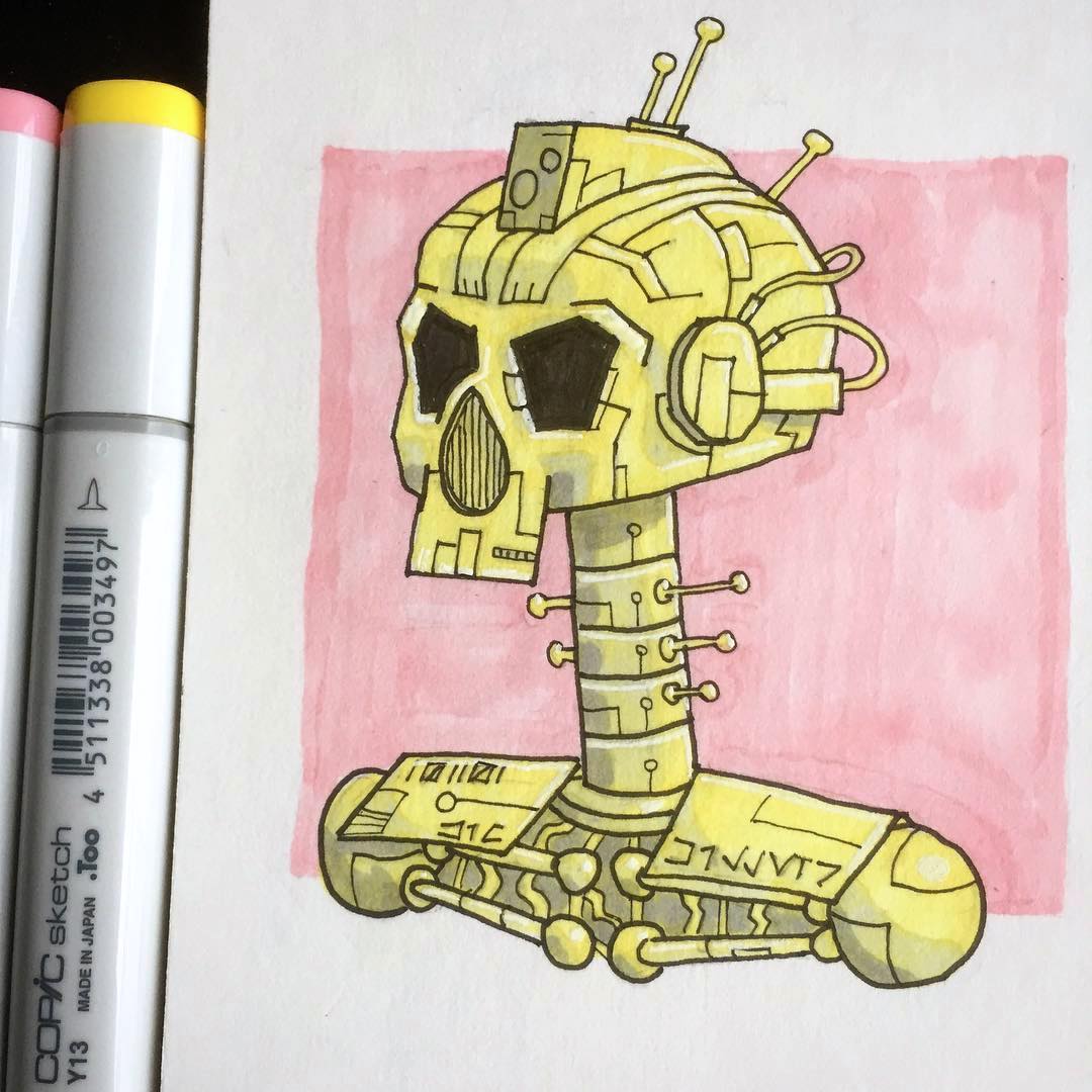 jpsully_art's tweet photo. Robot skull w/ ink and #copicmarkers.  
#illustration #doodle #artistontwitter https://t.co/SS66xHDOaa