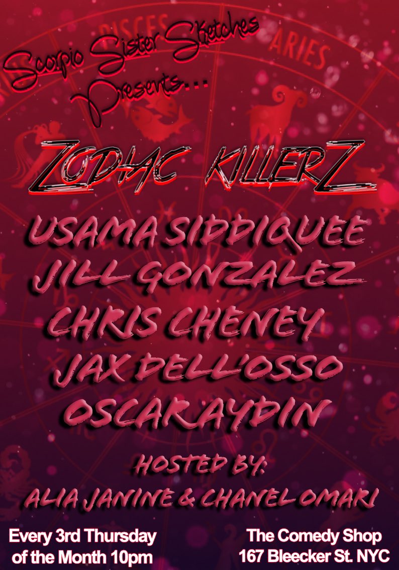 Z0diacKillerZ's tweet photo. 🚨 #ZodiacKillerz is one week away @ The Comedy Shop 4/21 10pm!🚨
Featuring these Aries:
@UsamaStandsUp ♈️
@JillGonzalezTV ♈️
#ChrisCheney ♈️
@jaxdellosso ♈️
@ihaveGayDHD ♈️
Hosted by: @TheAliaJanine & @ChanelOmari ♏️
Use code #Aries for $10 tickets!
https://t.co/Yi6RB3nExw https://t.co/T9Qd01YVcj