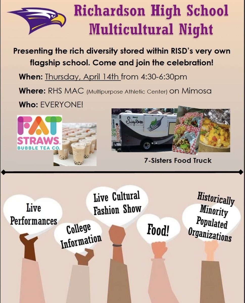 The_Real_RHS's tweet photo. Come to the RHS multicultural night, hosted at the MAC from 4:30-6:30 PM tonight! There will be food trucks, live performances, and information on the various cultures represented at RHS. 🌎 #TheRealLifeAtRHS https://t.co/0ge8ULr9cW