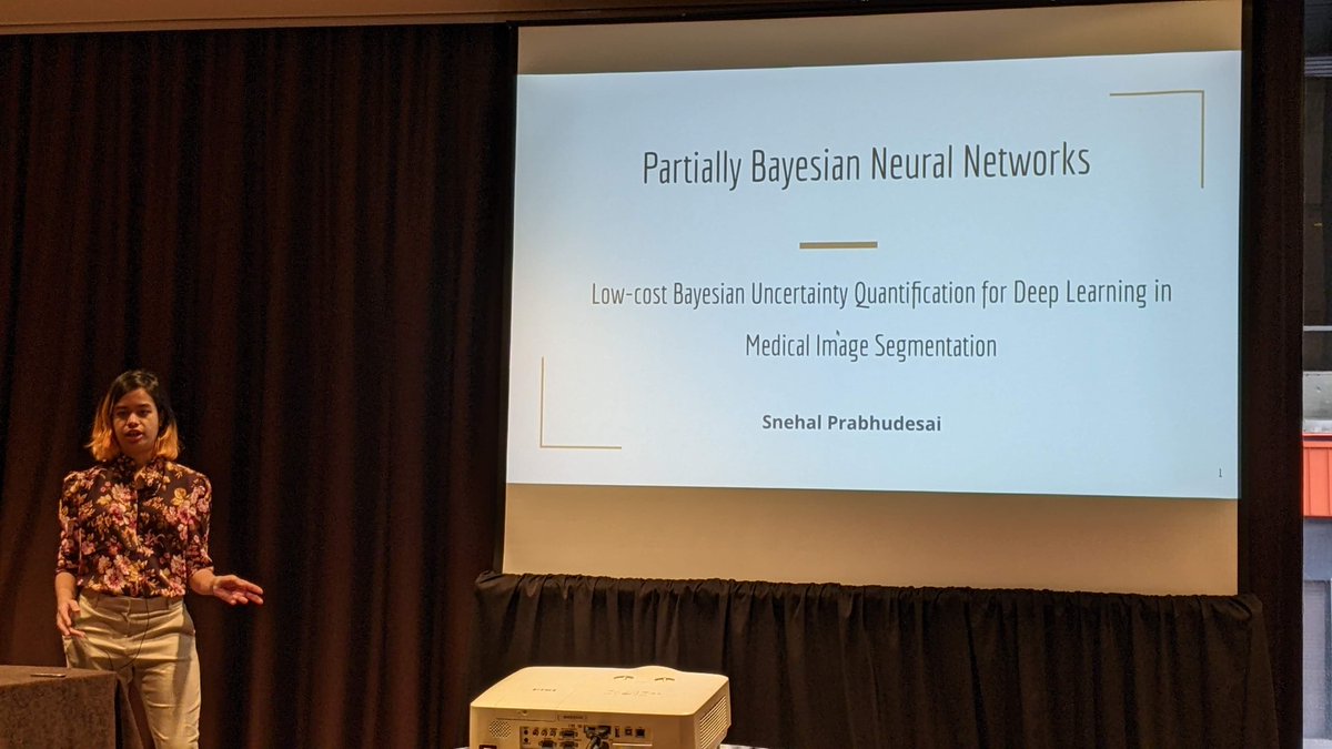 Also for the win at the morning session of #SIAMUQ22 Day 3 is Snehal Prabhudesai <a href="/snehalbp/">Snehal Prabhudesai</a>! We learnt about her work on "Low Cost Bayesian UQ for Deep Learning in Medical Image Segmentation"🧠📊. Full abstract: meetings.siam.org/sess/dsp_talk.…