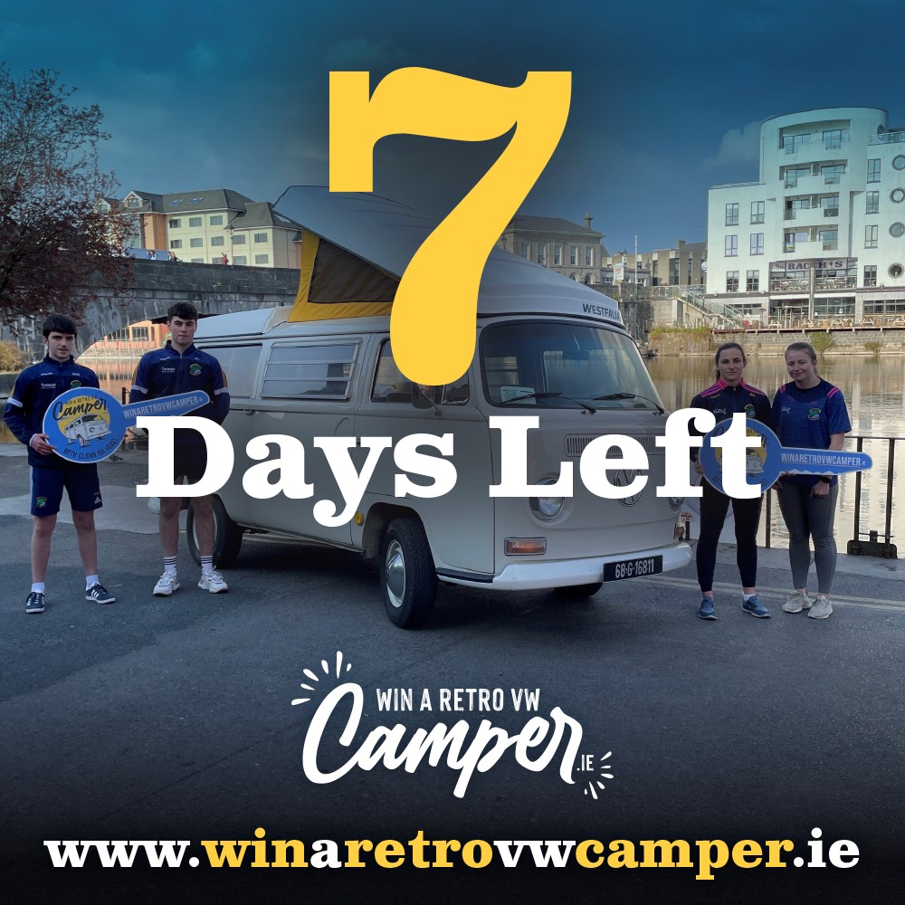 winavwcamper's tweet photo. The wait is almost over! There are 𝟳 days to go until our draw on 25th April ⏳

For your chance to win a 1968 VW Westfalia camper, buy a ticket for our @ClannGAA #WinARetroVWCamper fundraiser! Plus you'll also be supporting @LauraLynnHouse &amp; @IMNDA ❤️
👉🏻 https://t.co/IAaRVwLVft https://t.co/ViHqIaX7PK