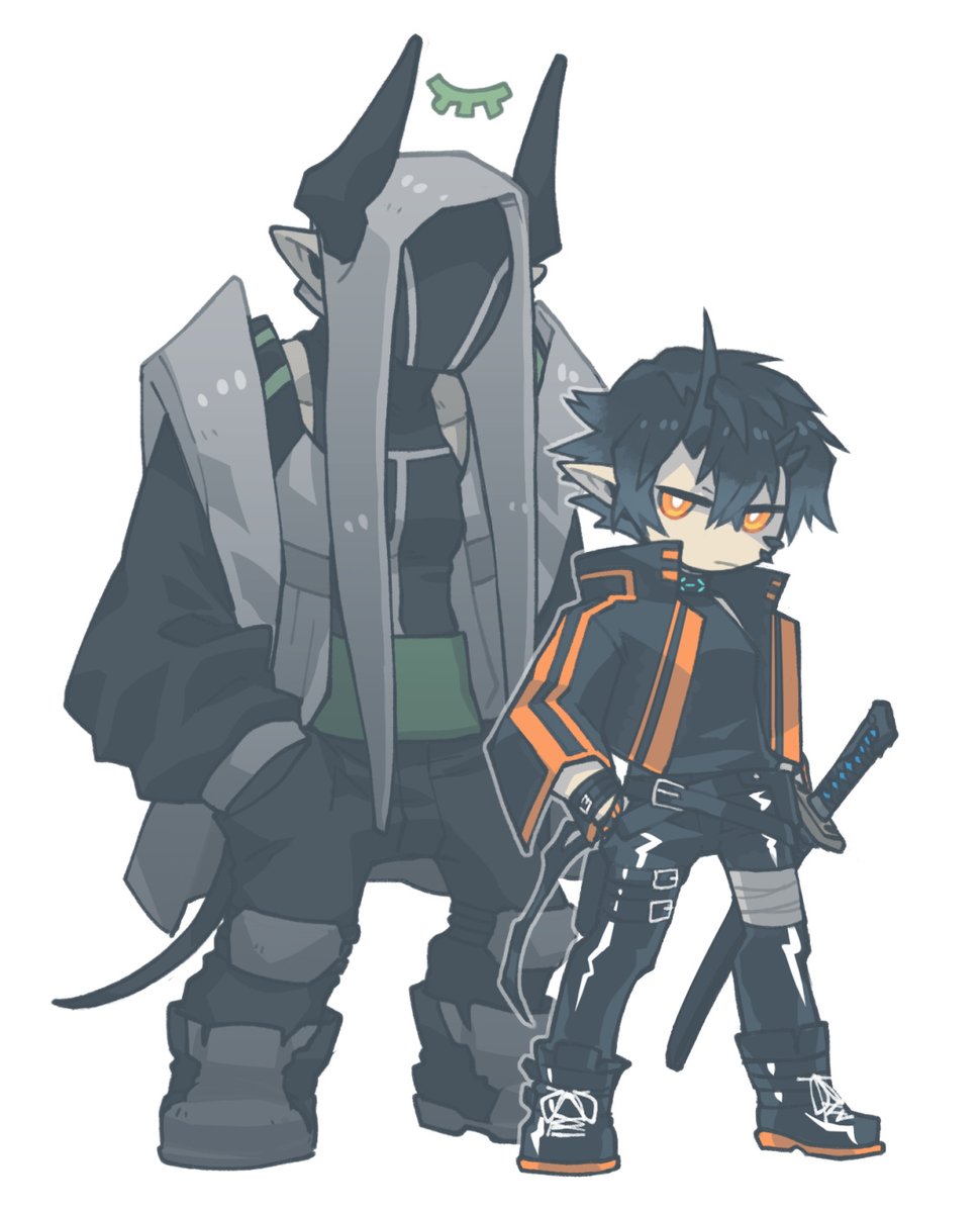 horns jacket pointy ears 2boys sword male focus black footwear  illustration images