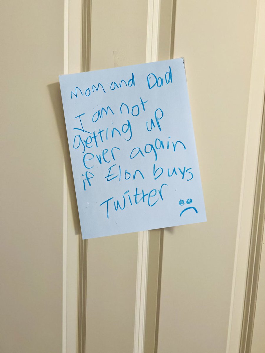 Our family was supposed to go on a trip to Disneyland today but when I went to wake our 6 year-old daughter I found this. She refuses to get up. We’ve been saving for this trip for years.  Elon Musk ruined our family vacation and shattered our kids’ dreams. #ElonMuskTwitter.