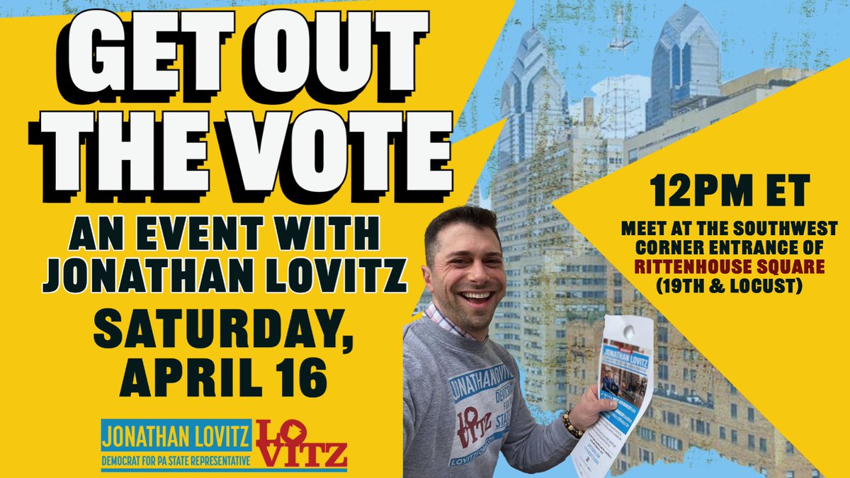 LovitzForPA's tweet photo. Let's GOTV! Come meet Jonathan this Saturday in Rittenhouse Square as we canvass the 182nd District!
Rittenhouse Square - April 16 - 12:00pm
#LovitzForPa https://t.co/SUQKZOZ4EO https://t.co/WurSas32F0