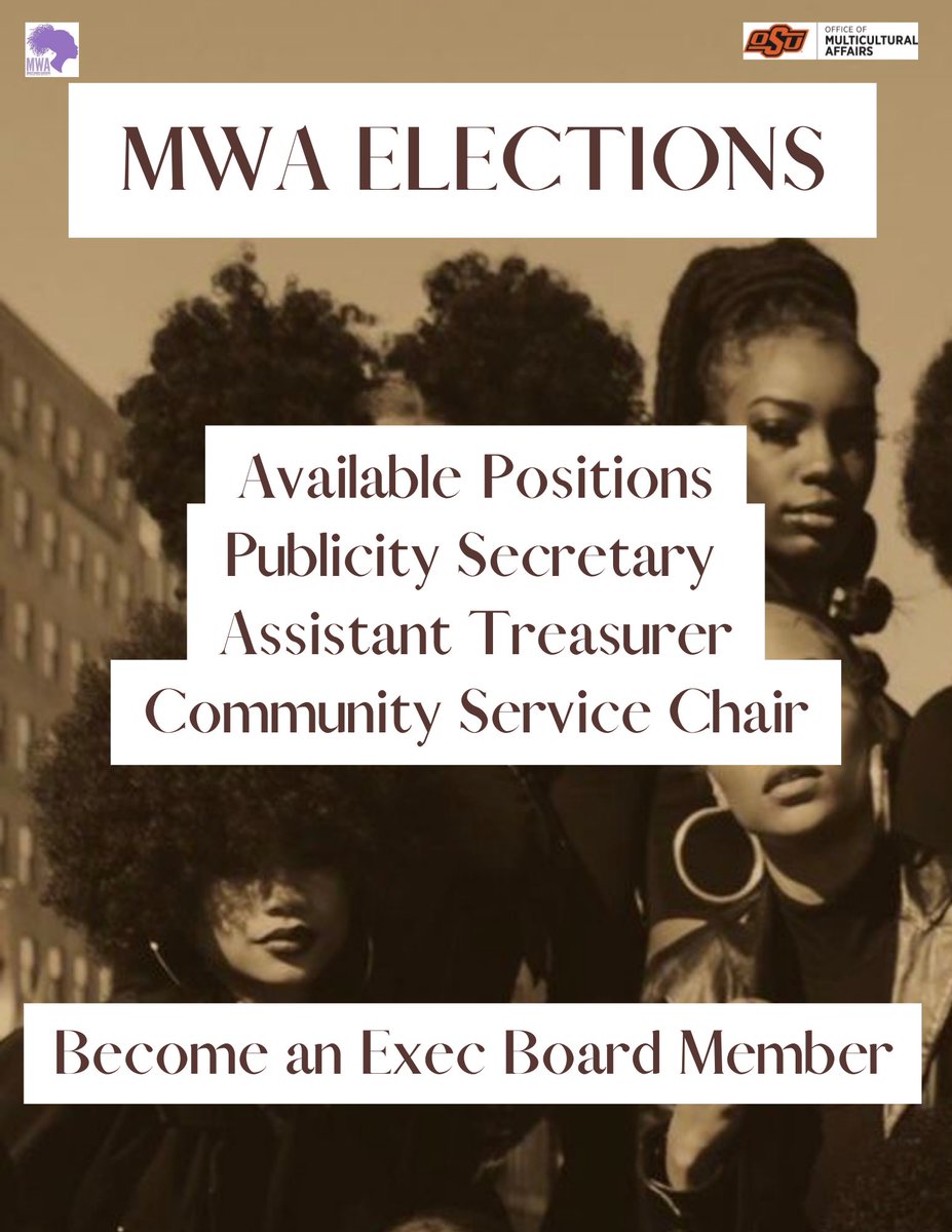 MWA_OSU's tweet photo. Are you interested in being apart of our Executive Board? MWA is looking for three individuals to serve as our 2022-2023 Publicity Secretary, Assistant Treasurer and Community Service Chair. 📥 https://t.co/b5EP3Fh298