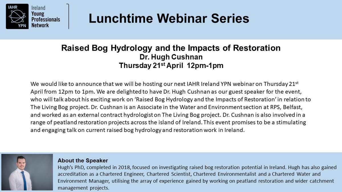 A reminder about our lunchtime webinar next week! It will be on Raised Bog Hydrology and Restoration by Dr. Hugh Cushnan on his work with the @LIFEraisedbogs project. Please join us for an interesting presentation! Register👉cutt.ly/BFi6laJ 
#bog #IAHR #YPN #wetlands