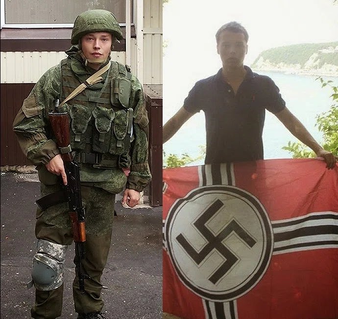 Rusich (Русич) Battalion which uses the imperial flag along with the Kolovrat, was founded by Alexey Milchakov, (second photo). They are associated with Wagner mercenaries. (4/24)