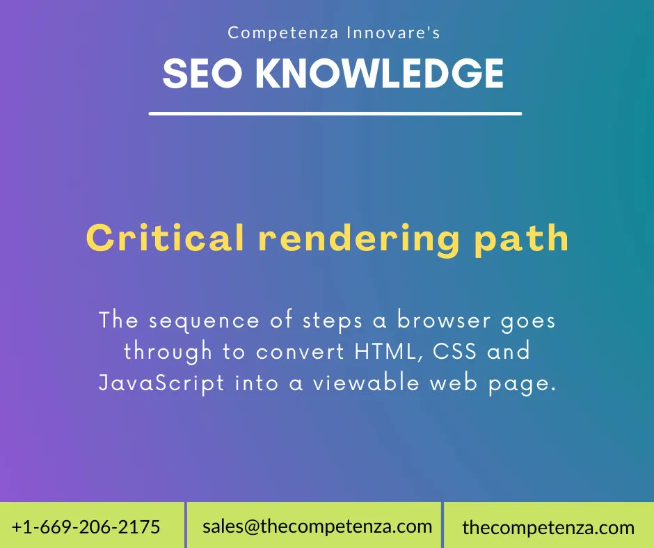thecompetenza's tweet photo. This Week's SEO Term: Critical rendering path

The sequence of steps a browser goes through to convert HTML, CSS, and JavaScript into a viewable web page.

#seobasic #seoterms #CompetenaInnovare #learnbasic https://t.co/ffa0VE31y0