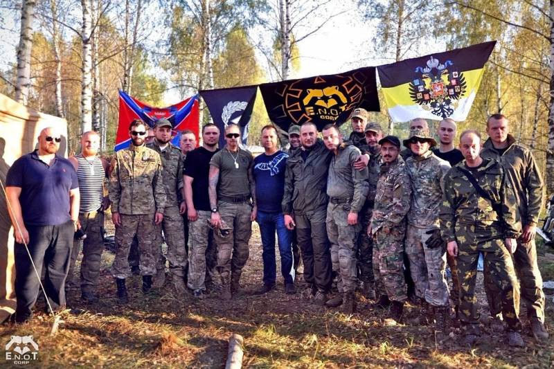 ENOT Corp, russian nationalist group, acting as a private military company. 1st pic, centre, is Alexander Borodai, former PM of the DPR. 2nd pic, we can see an kolovrat in the man's elbow. 3rd photo, can be seen the Valknot, used by Rusich and Wagner. (22/24)