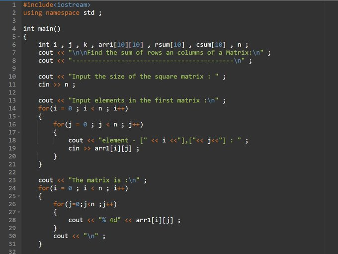tripathi__vt's tweet photo. day"76" of #365daysofcode with 
@scaler_official

problem : "Write a program in C++ to 
Find the sum of rows an columns of a Matrix"
//Started with C++//
#scalerdiscord #scalerlearning https://t.co/87qdXTAbm5