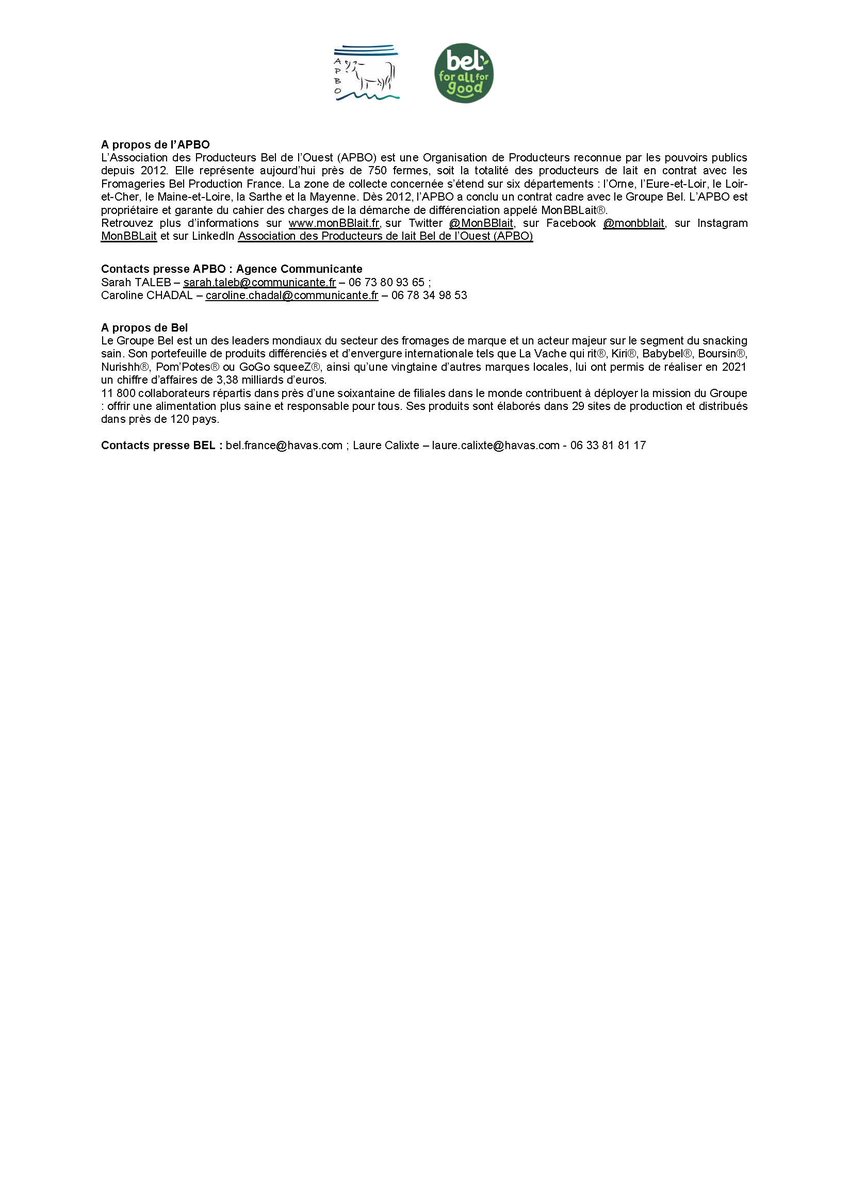 Un contrat cadre qui permet une renégociation en cette période de crise, c’est la mise en avant d’un partenariat durable ! Découvrez le résultat dans le communiqué de presse co-signé de l’#APBO et du groupe BEL. Pour un prix du lait #MonBBLait revalorisé dès le mois de mars!