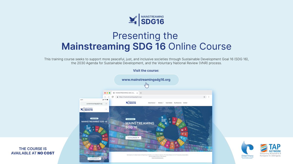 TAPNetwork2030's tweet photo. We are proud to announce that together with @UNDP we have created an e-course for #SDG16 implementation through #VNR &amp; #PostVNR process ⏩

Premiering at the #SDG16Conference next week 📅 21 April

🔗Be the first to receive updates on this new resource https://t.co/0jlBf05YyO https://t.co/yWCKR3evaw
