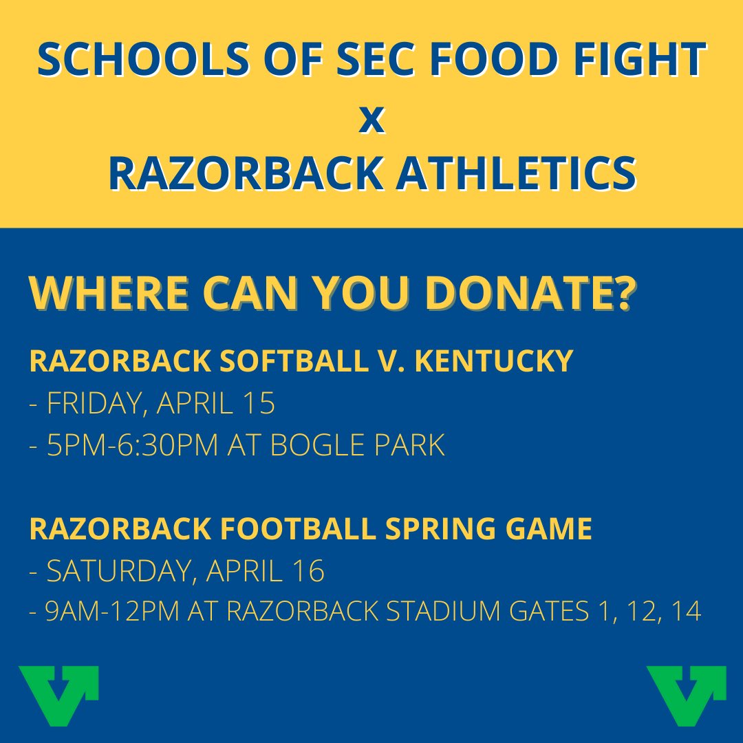 UAFullCircle's tweet photo. Hey Razorbacks!

Schools of SEC Food Fight is back!

This FRIDAY, April 15, we’ll be collecting donations at the @RazorbackSB game against Kentucky from 5p-6:30p.

AND this SATURDAY, April 16, we’ll be collecting donations at the @ArkRazorbacks Football Spring Game from 9a-12p. https://t.co/8vcyN0h5OQ